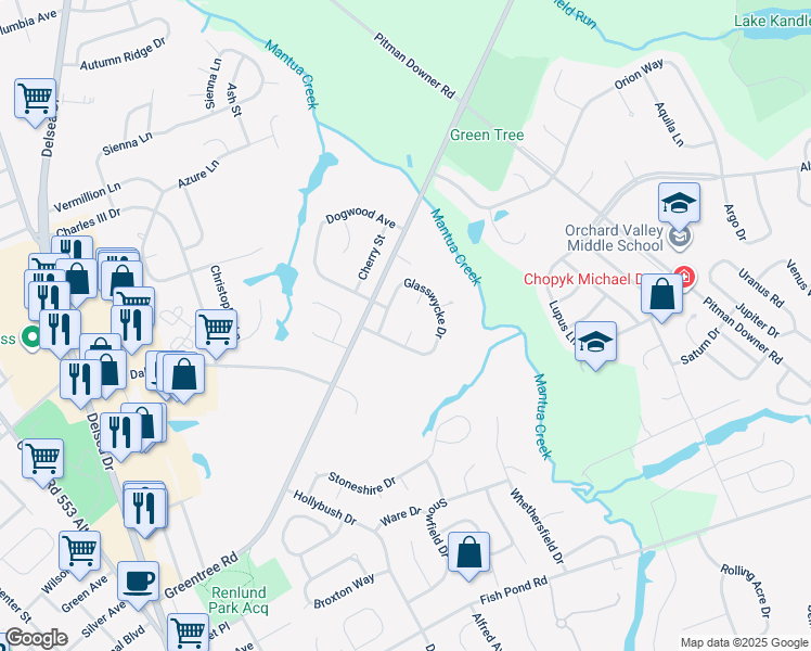 map of restaurants, bars, coffee shops, grocery stores, and more near 409 Pewter Court in Glassboro