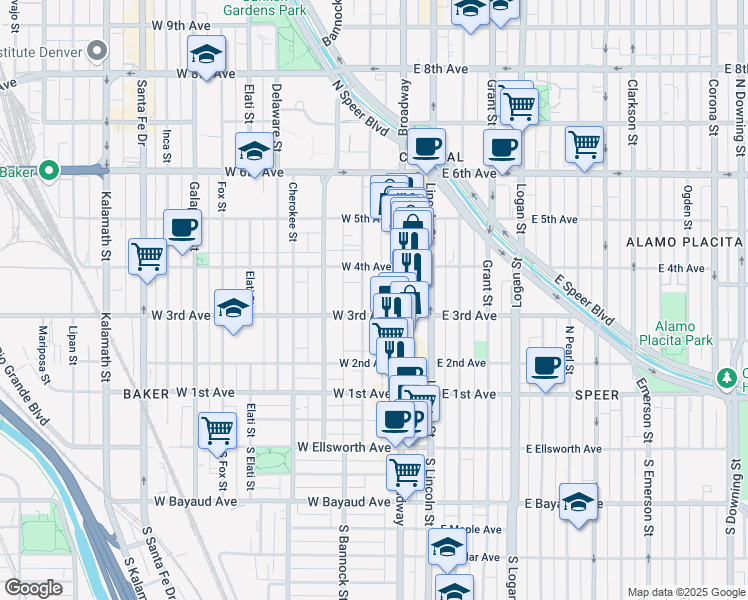 map of restaurants, bars, coffee shops, grocery stores, and more near 330 Acoma Street in Denver