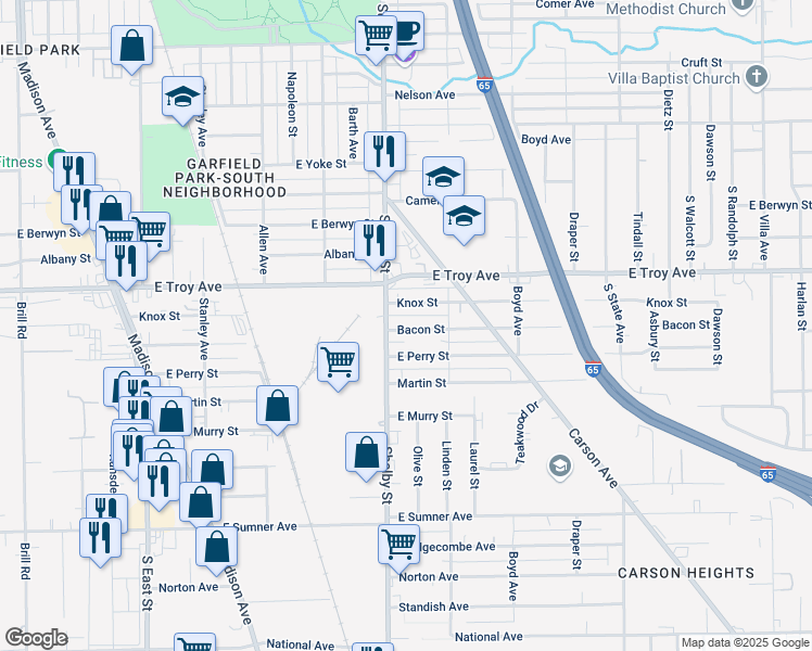 map of restaurants, bars, coffee shops, grocery stores, and more near 1120 Bacon Street in Indianapolis