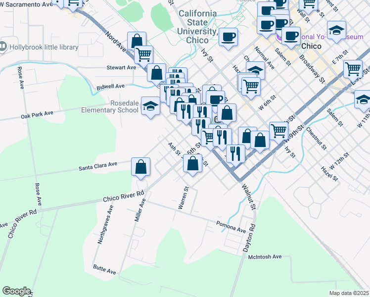 map of restaurants, bars, coffee shops, grocery stores, and more near 436 Oak Street in Chico