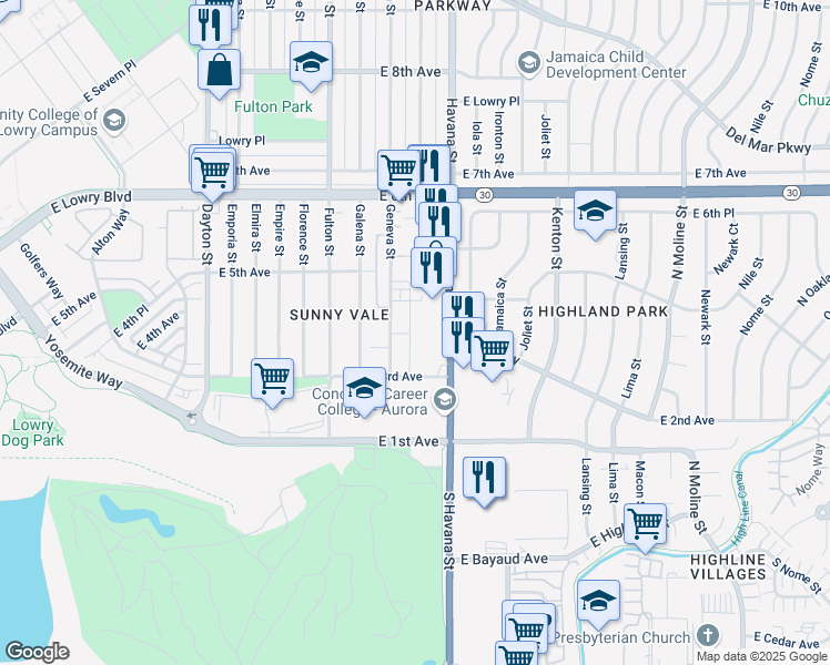 map of restaurants, bars, coffee shops, grocery stores, and more near 383 Geneva Street in Aurora