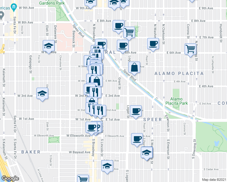 map of restaurants, bars, coffee shops, grocery stores, and more near 324 Sherman St in Denver