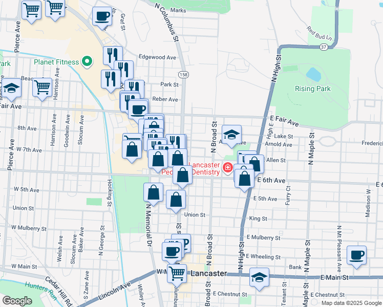 map of restaurants, bars, coffee shops, grocery stores, and more near 704 Maywood Avenue in Lancaster