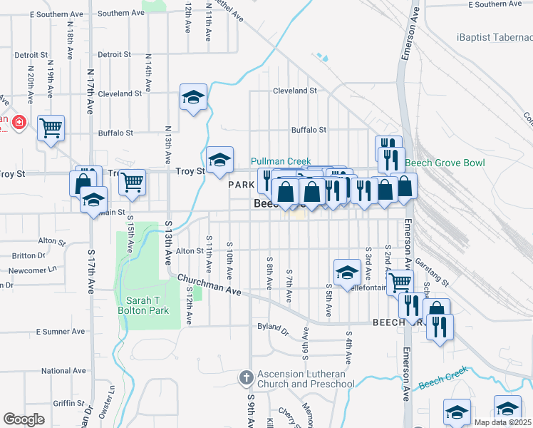 map of restaurants, bars, coffee shops, grocery stores, and more near 2 South 8th Avenue in Beech Grove