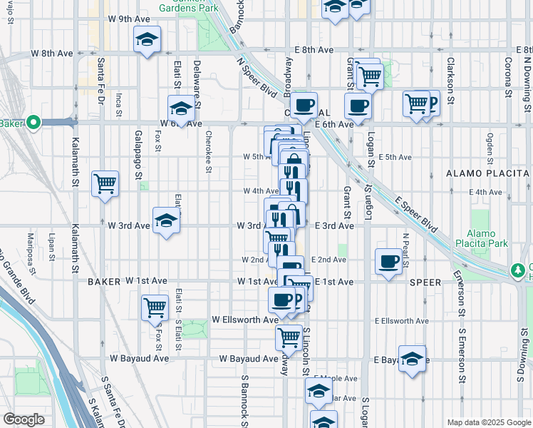 map of restaurants, bars, coffee shops, grocery stores, and more near 330 Acoma Street in Denver