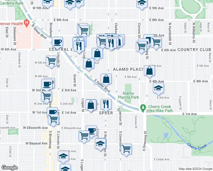 map of restaurants, bars, coffee shops, grocery stores, and more near 321 North Washington Street in Denver