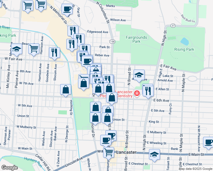 map of restaurants, bars, coffee shops, grocery stores, and more near 217 West Allen Street in Lancaster