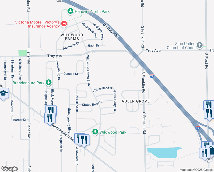 map of restaurants, bars, coffee shops, grocery stores, and more near 8110 Fisher Bend Drive in Indianapolis