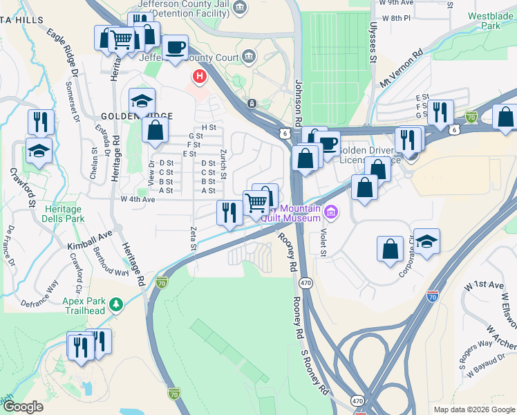 map of restaurants, bars, coffee shops, grocery stores, and more near 177 Mesa Verde Street in Golden