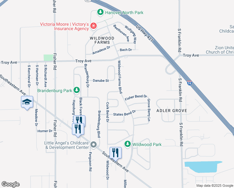 map of restaurants, bars, coffee shops, grocery stores, and more near 3211 Cork Bend Drive in Indianapolis