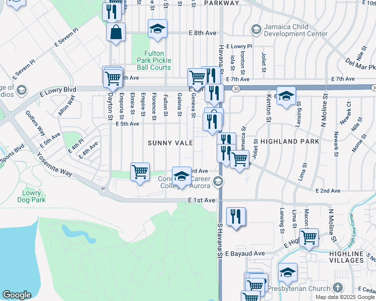 map of restaurants, bars, coffee shops, grocery stores, and more near 383 Geneva Street in Aurora