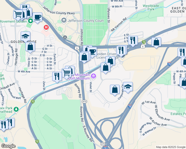 map of restaurants, bars, coffee shops, grocery stores, and more near 17270 West Colfax Avenue in Golden