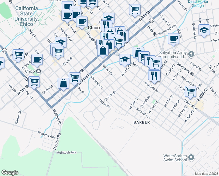 map of restaurants, bars, coffee shops, grocery stores, and more near 1104 Normal Avenue in Chico
