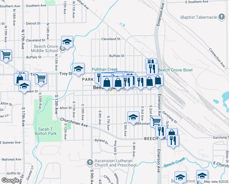 map of restaurants, bars, coffee shops, grocery stores, and more near 607 Main Street in Beech Grove