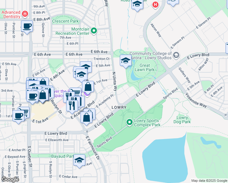 map of restaurants, bars, coffee shops, grocery stores, and more near 85 Uinta Way in Denver