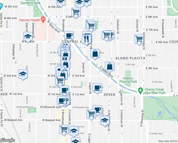 map of restaurants, bars, coffee shops, grocery stores, and more near 320 Grant Street in Denver