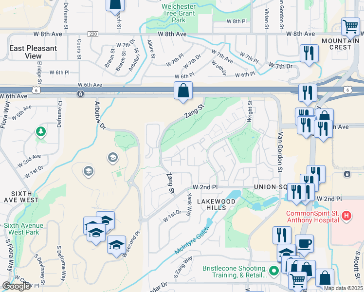 map of restaurants, bars, coffee shops, grocery stores, and more near 420 Zang Street in Lakewood