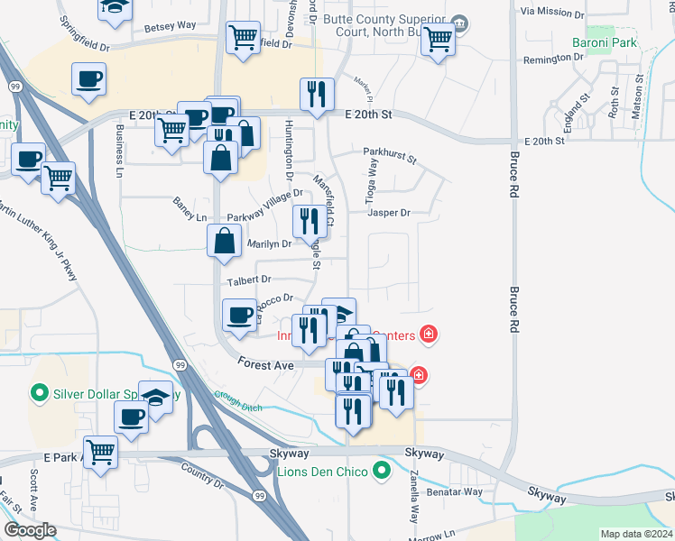 map of restaurants, bars, coffee shops, grocery stores, and more near 2310 Notre Dame Boulevard in Chico