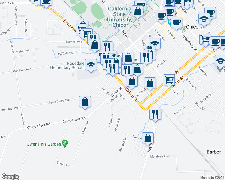 map of restaurants, bars, coffee shops, grocery stores, and more near 403 Ash Street in Chico