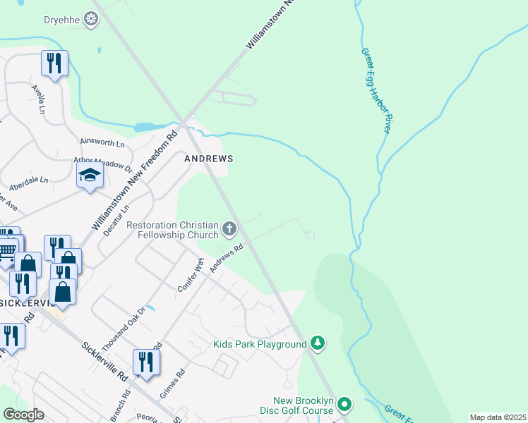 map of restaurants, bars, coffee shops, grocery stores, and more near 304 New Brooklyn Erial Road in Winslow Township