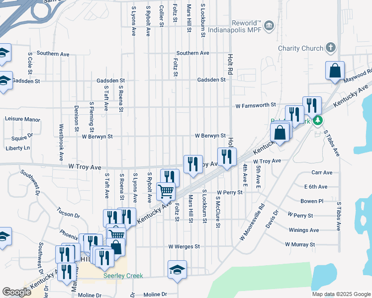 map of restaurants, bars, coffee shops, grocery stores, and more near 2932 Mars Hill Street in Indianapolis