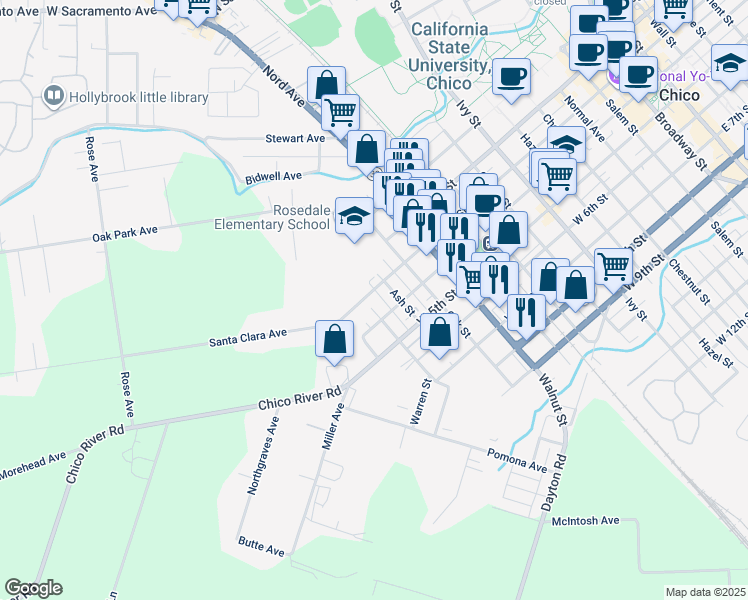 map of restaurants, bars, coffee shops, grocery stores, and more near 303 Hickory Street in Chico