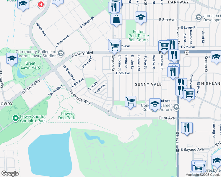 map of restaurants, bars, coffee shops, grocery stores, and more near 368 Dallas Street in Denver