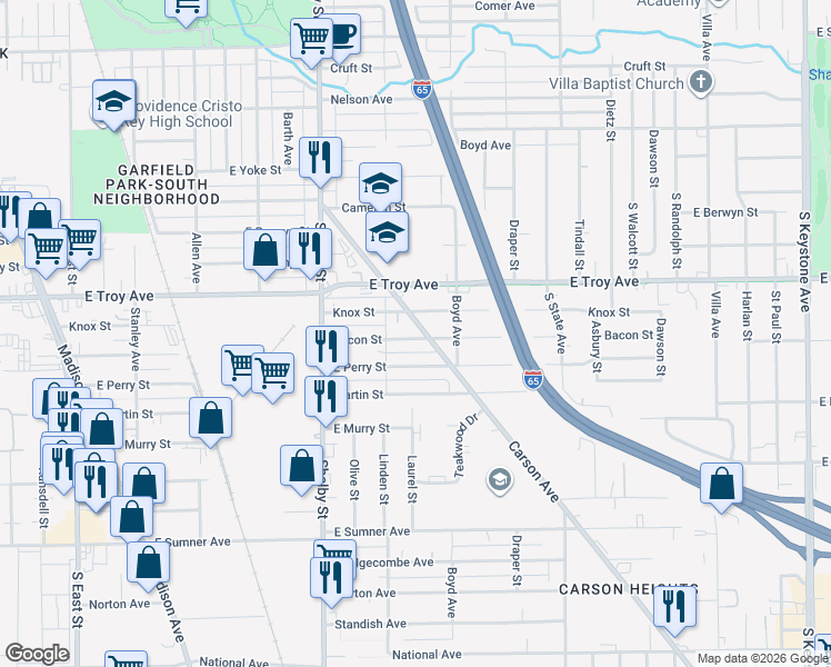 map of restaurants, bars, coffee shops, grocery stores, and more near 1226 Bacon Street in Indianapolis