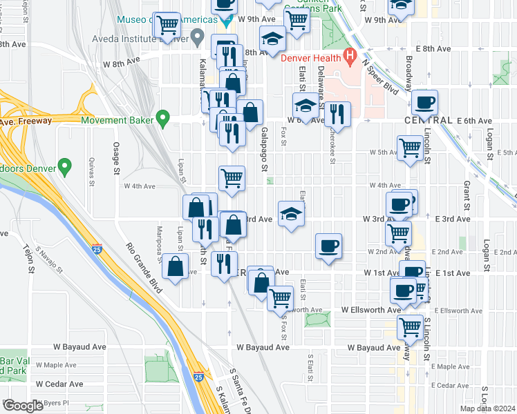 map of restaurants, bars, coffee shops, grocery stores, and more near 329 Galapago Street in Denver