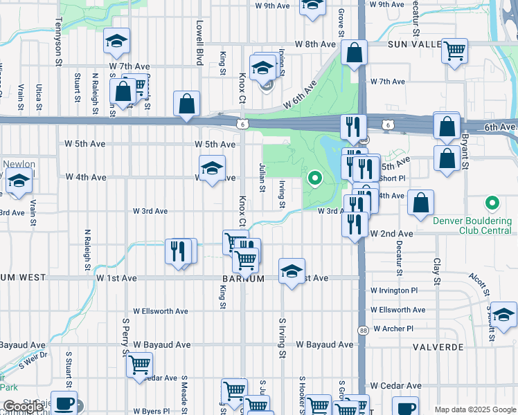 map of restaurants, bars, coffee shops, grocery stores, and more near 301 Julian Street in Denver