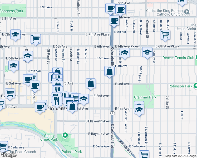 map of restaurants, bars, coffee shops, grocery stores, and more near 325 Jackson Street in Denver