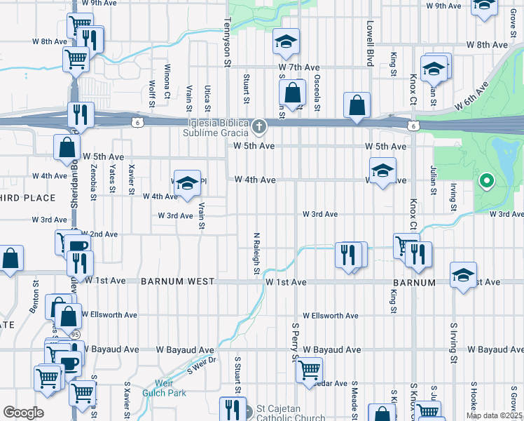 map of restaurants, bars, coffee shops, grocery stores, and more near 306 Raleigh Street in Denver