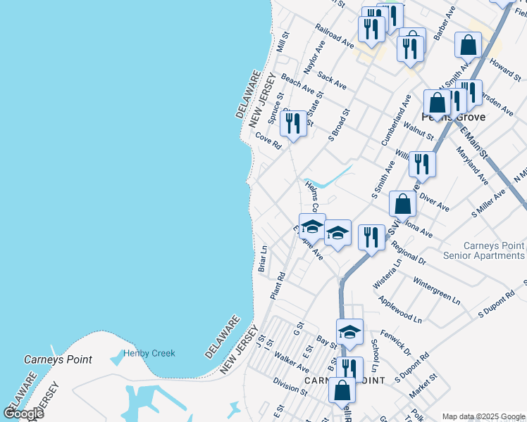 map of restaurants, bars, coffee shops, grocery stores, and more near 272 South Broad Street in Penns Grove