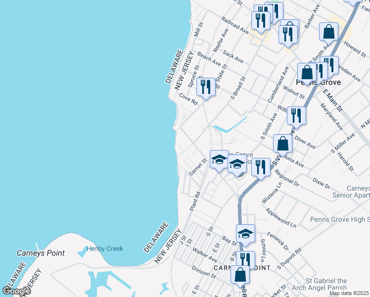 map of restaurants, bars, coffee shops, grocery stores, and more near 272 South Broad Street in Penns Grove