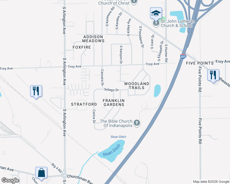 map of restaurants, bars, coffee shops, grocery stores, and more near 3205 Pavetto Lane in Indianapolis