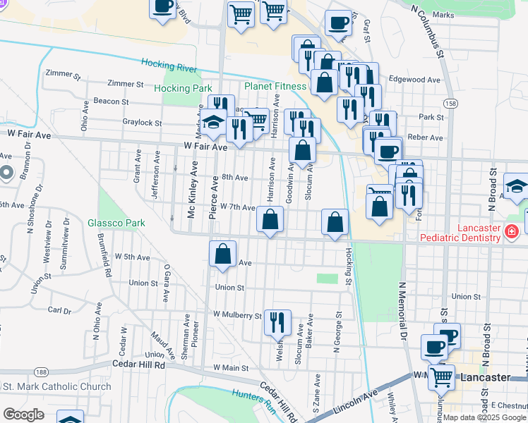 map of restaurants, bars, coffee shops, grocery stores, and more near 641 Harrison Ave in Lancaster