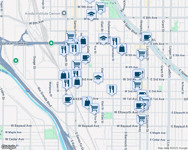 map of restaurants, bars, coffee shops, grocery stores, and more near 329 Fox Street in Denver
