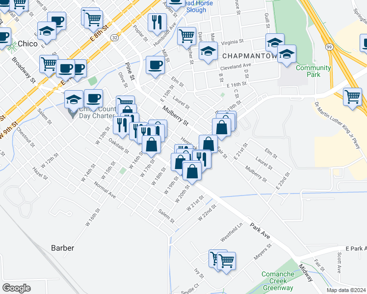 map of restaurants, bars, coffee shops, grocery stores, and more near 283 East 18th Street in Chico