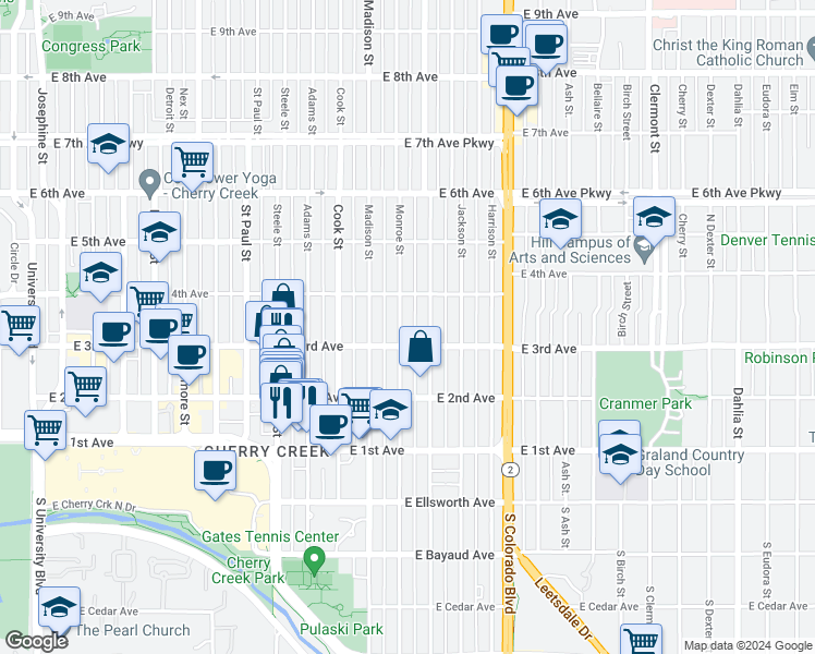 map of restaurants, bars, coffee shops, grocery stores, and more near 330 Monroe Street in Denver