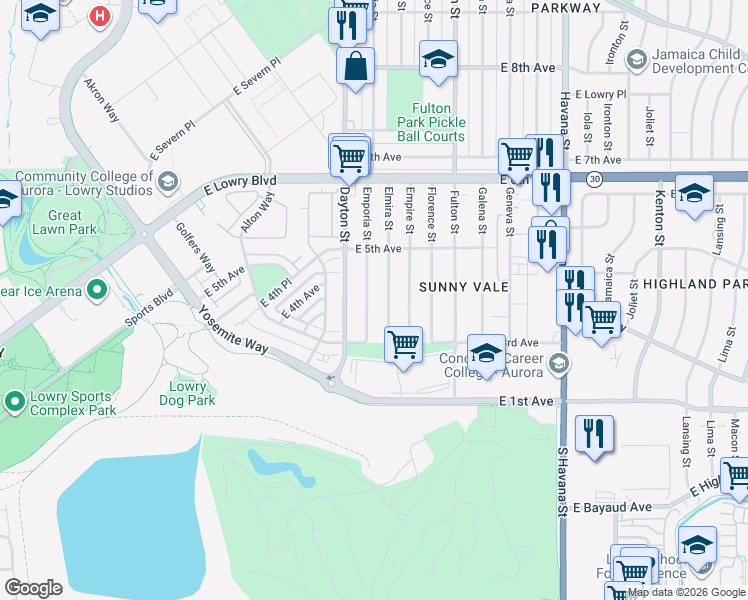 map of restaurants, bars, coffee shops, grocery stores, and more near 386 Emporia Street in Aurora
