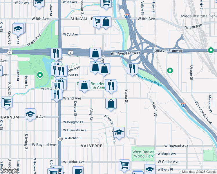 map of restaurants, bars, coffee shops, grocery stores, and more near 2502 West 4th Avenue in Denver