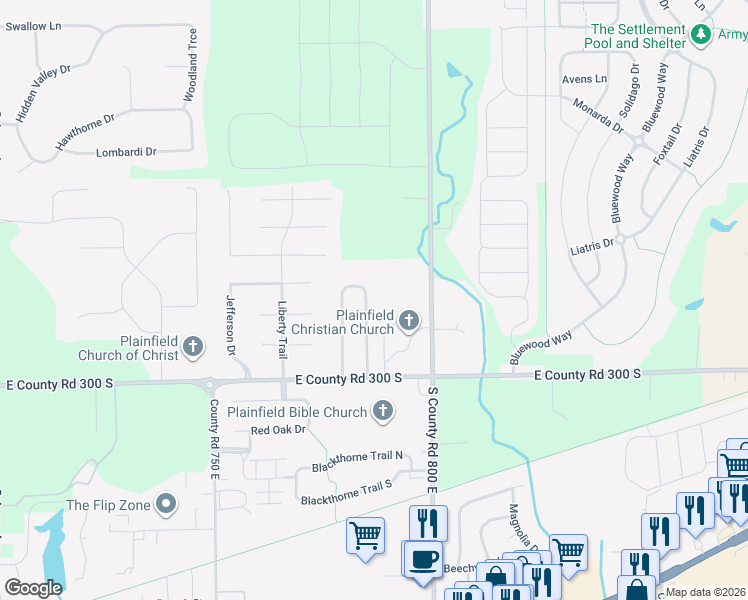 map of restaurants, bars, coffee shops, grocery stores, and more near 2801 Colony Lake East Drive in Plainfield