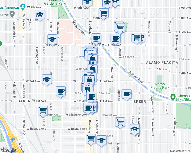 map of restaurants, bars, coffee shops, grocery stores, and more near 333 Lincoln Street in Denver