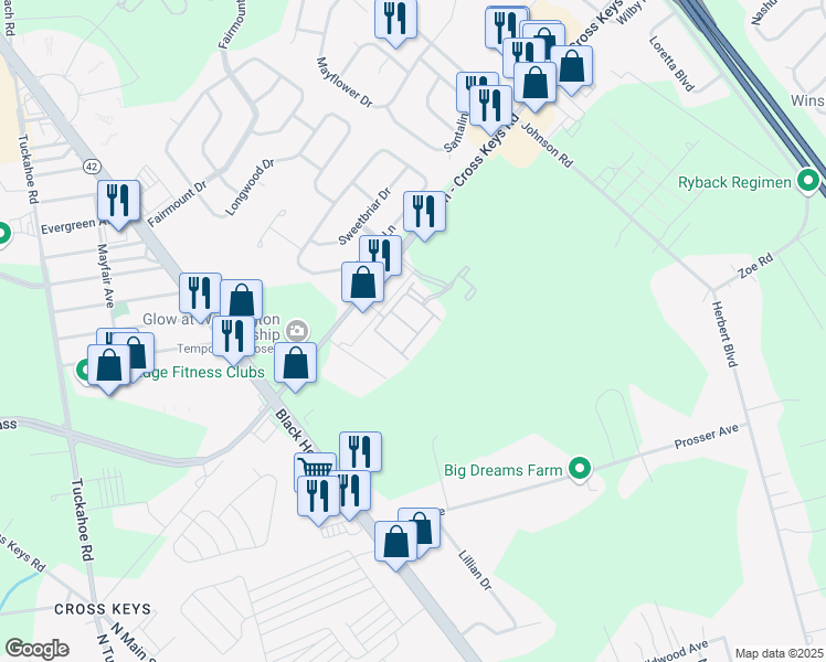 map of restaurants, bars, coffee shops, grocery stores, and more near Fawn Drive in Monroe Township