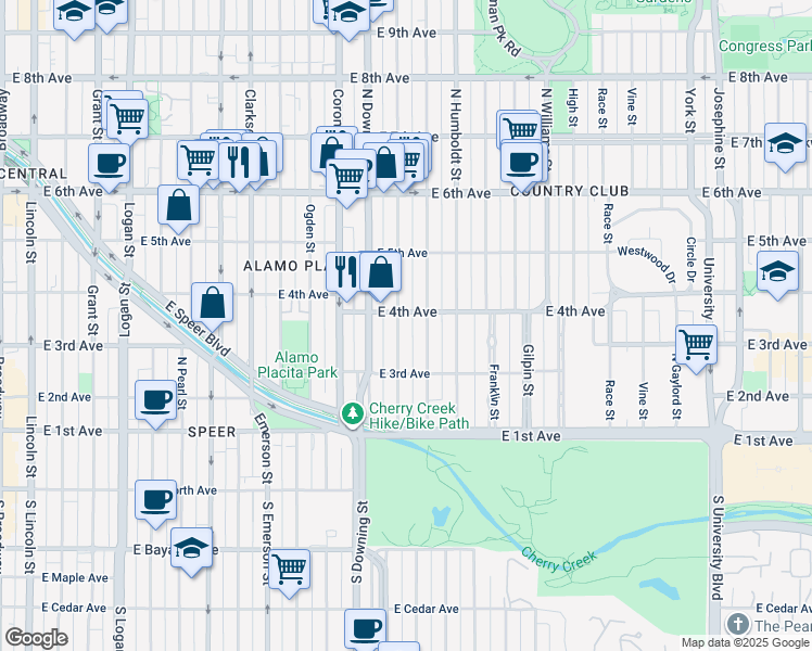 map of restaurants, bars, coffee shops, grocery stores, and more near 380 North Marion Street in Denver