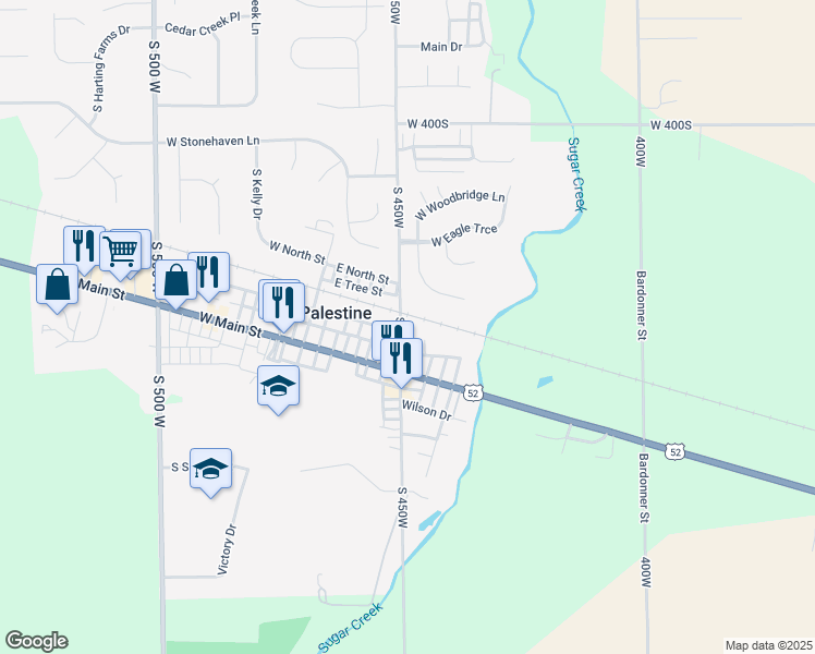 map of restaurants, bars, coffee shops, grocery stores, and more near 21 North Bittner Road in New Palestine
