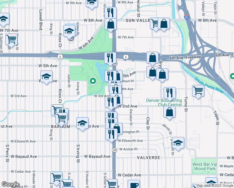 map of restaurants, bars, coffee shops, grocery stores, and more near 2833 West 3rd Avenue in Denver