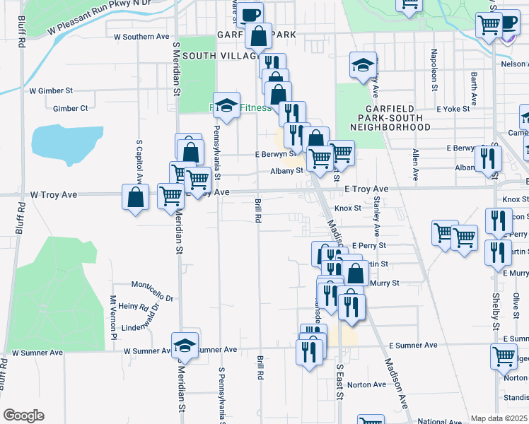 map of restaurants, bars, coffee shops, grocery stores, and more near 310 Teddy Lane in Indianapolis