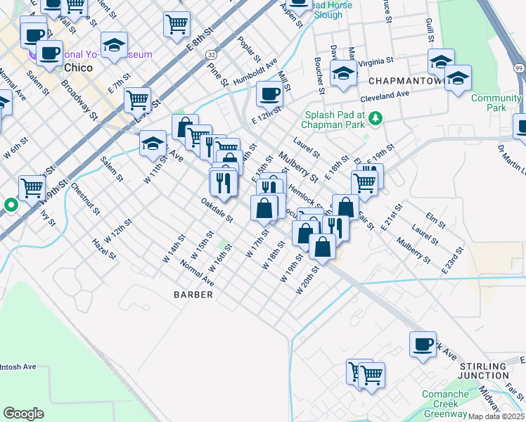 map of restaurants, bars, coffee shops, grocery stores, and more near 1607 Park Avenue in Chico