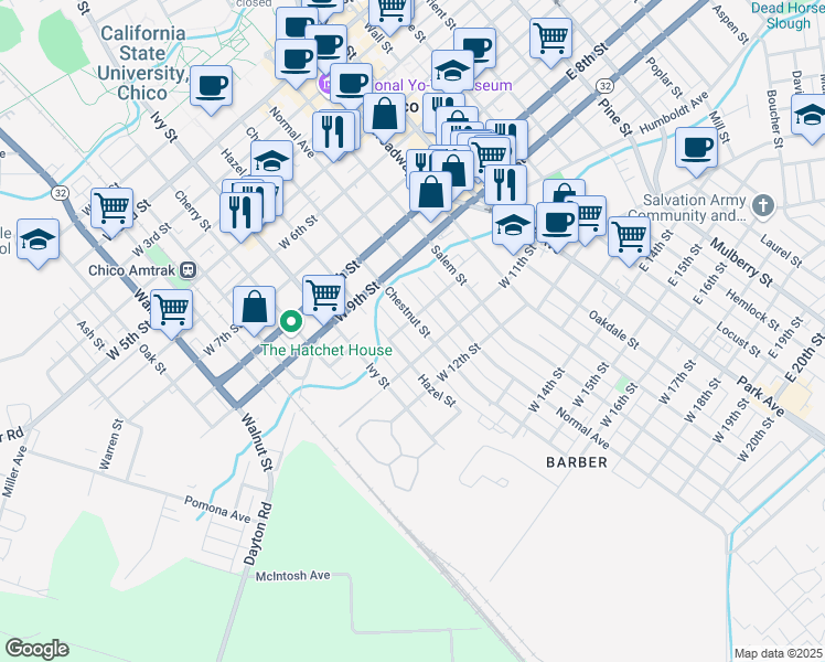 map of restaurants, bars, coffee shops, grocery stores, and more near 1014 Chestnut Street in Chico